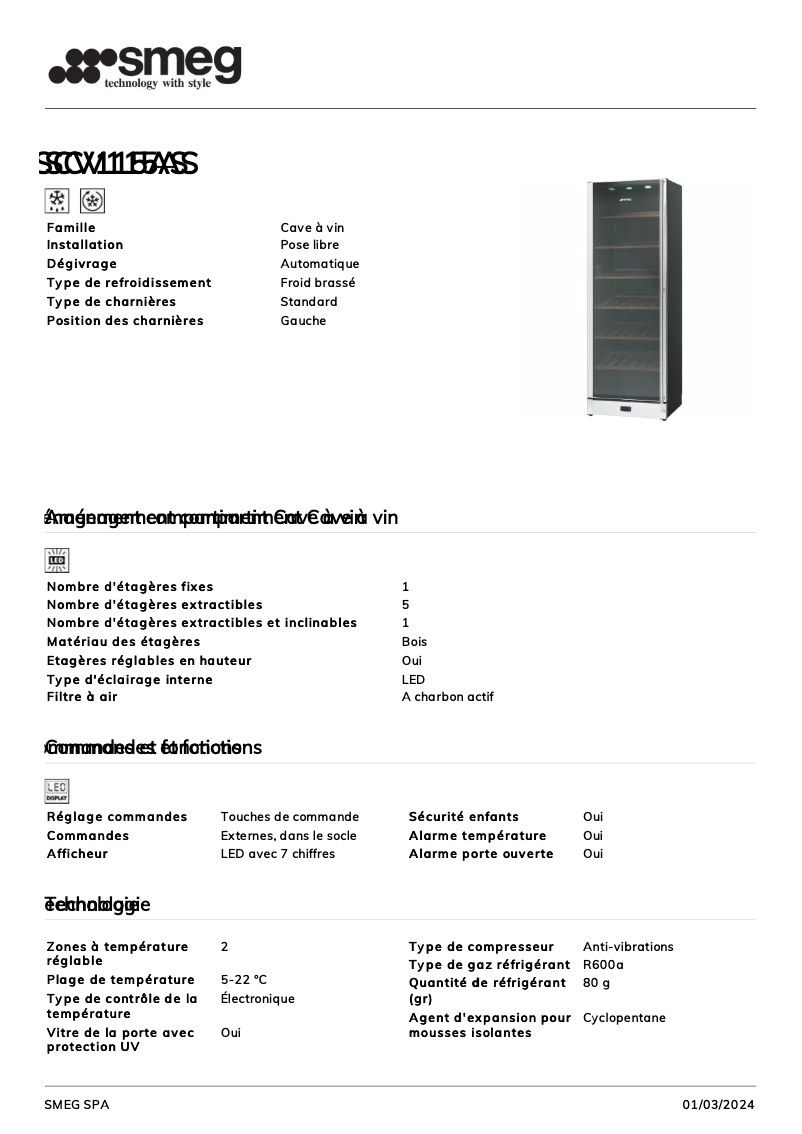 Page 1 de la notice Fiche technique Smeg SCV115AS
