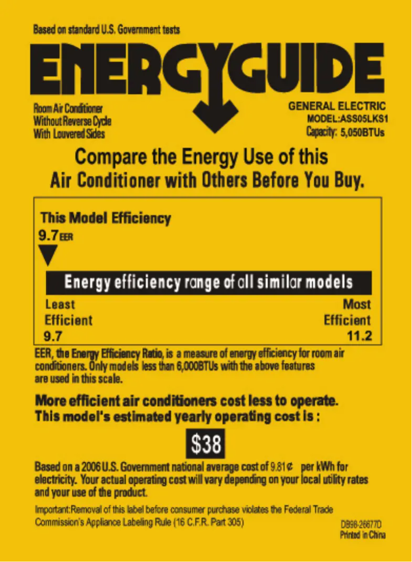 Page n°1 - Label énergétique GE ASS05LK