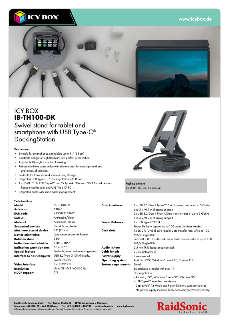 Page 1 de la notice Fiche technique Icy Box IB-TH100-DK