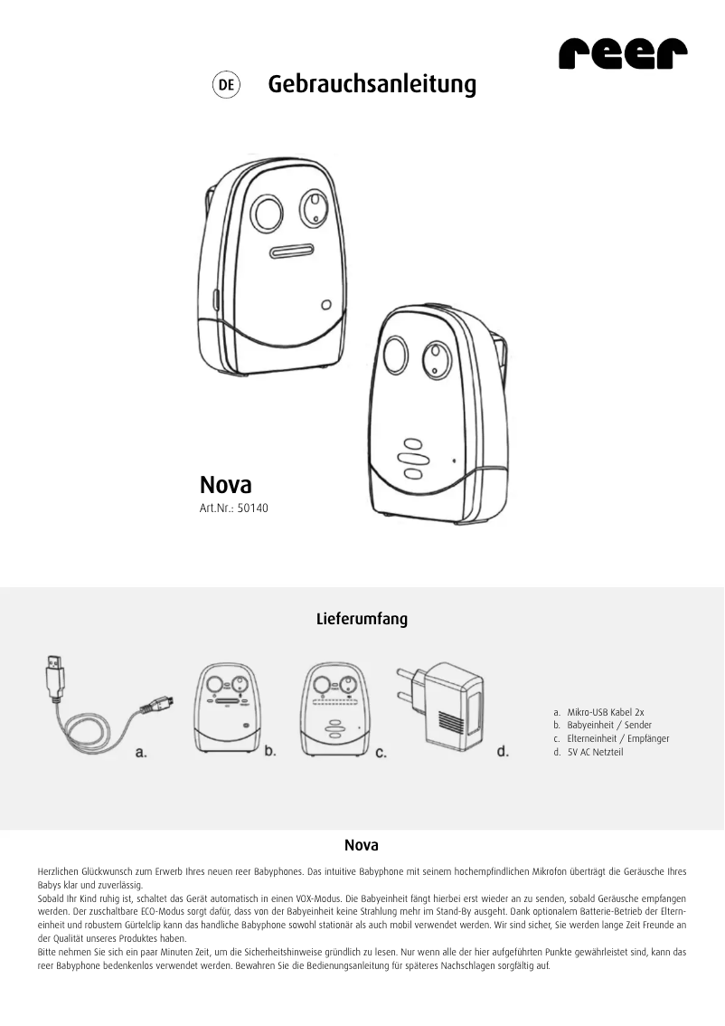 Page 1 de la notice Manuel utilisateur Reer Nova 50140