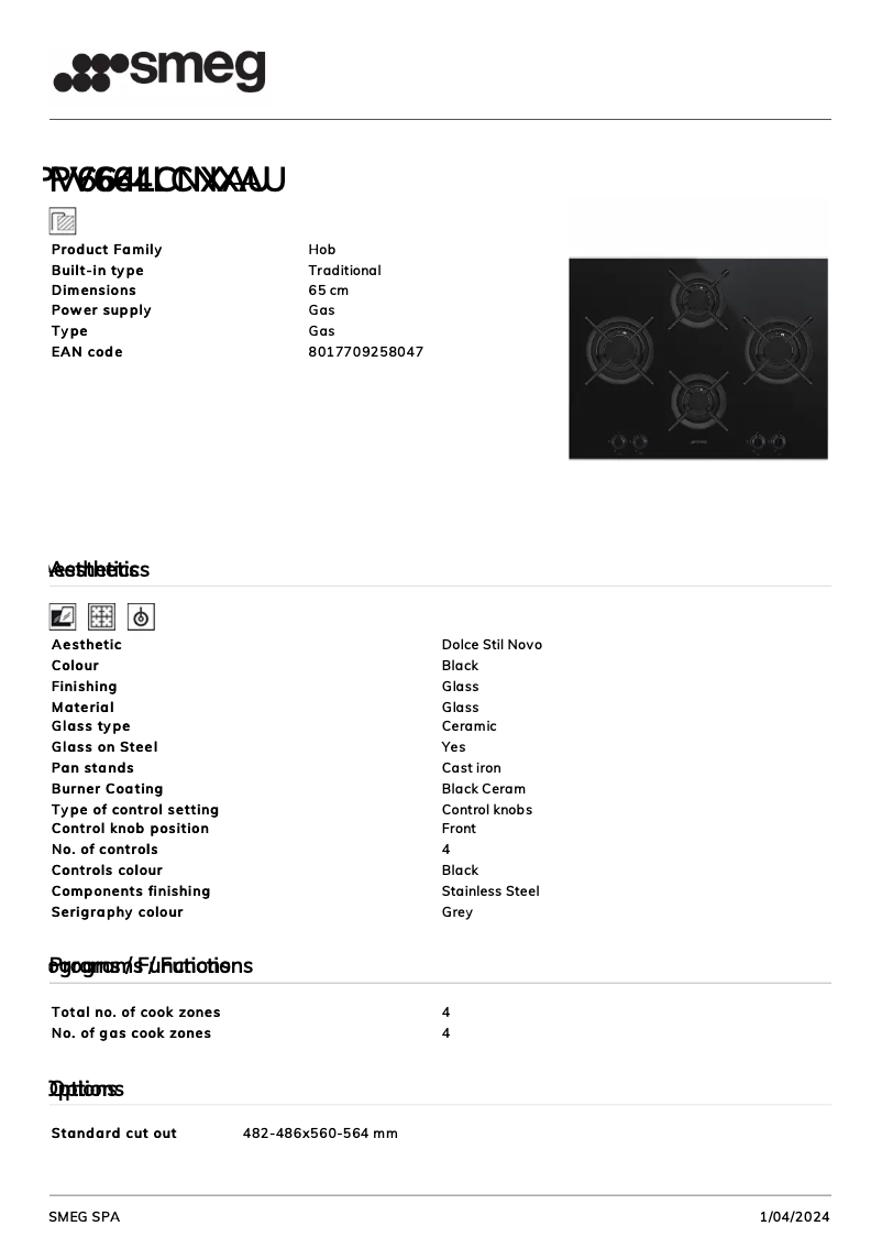 Page n°1 - Fiche technique Smeg PV664LCNXAU