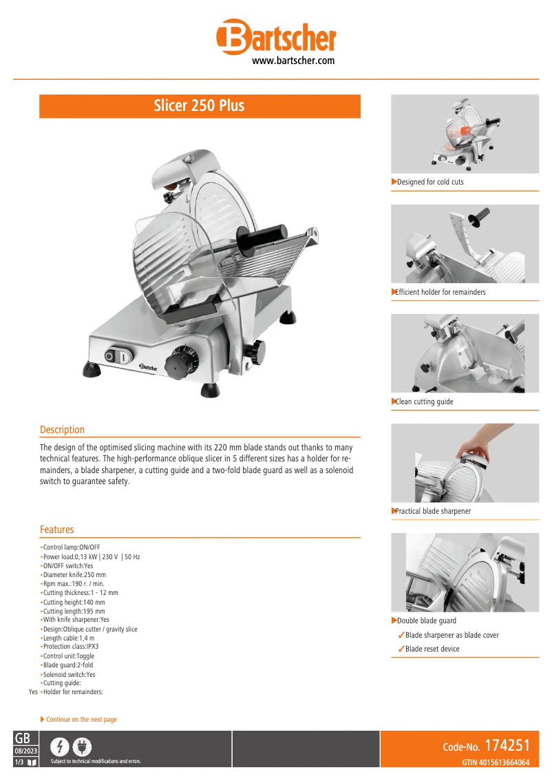 Page 1 de la notice Fiche technique Bartscher 174251