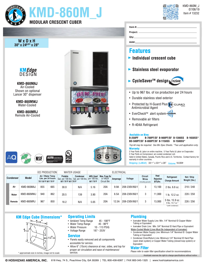 Page 1 de la notice Fiche technique Hoshizaki KMD-850MAH