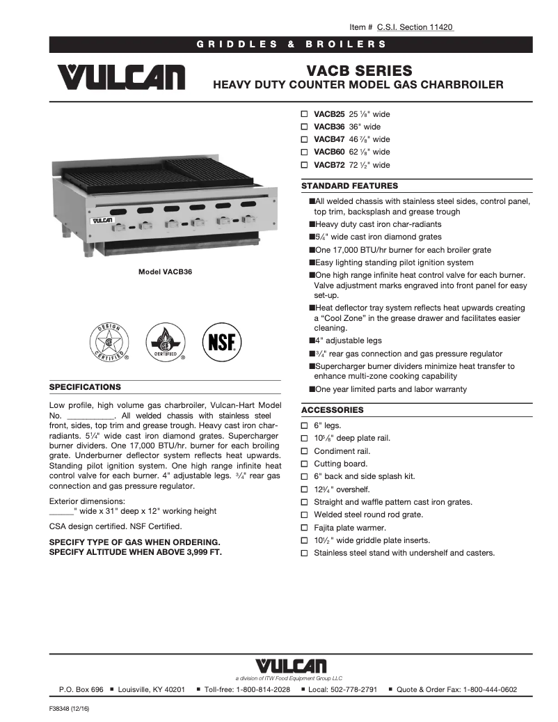 Page 1 de la notice Fiche technique Vulcan VACB25