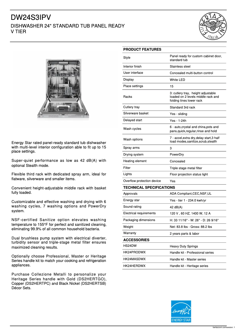 Page 1 de la notice Fiche technique Bertazzoni DW24S3IPV