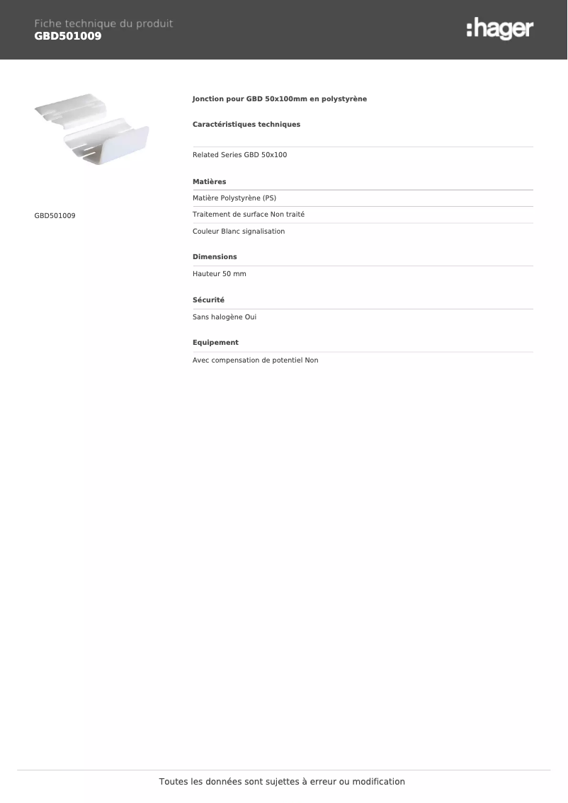 Page 1 de la notice Fiche technique Hager GBD501009