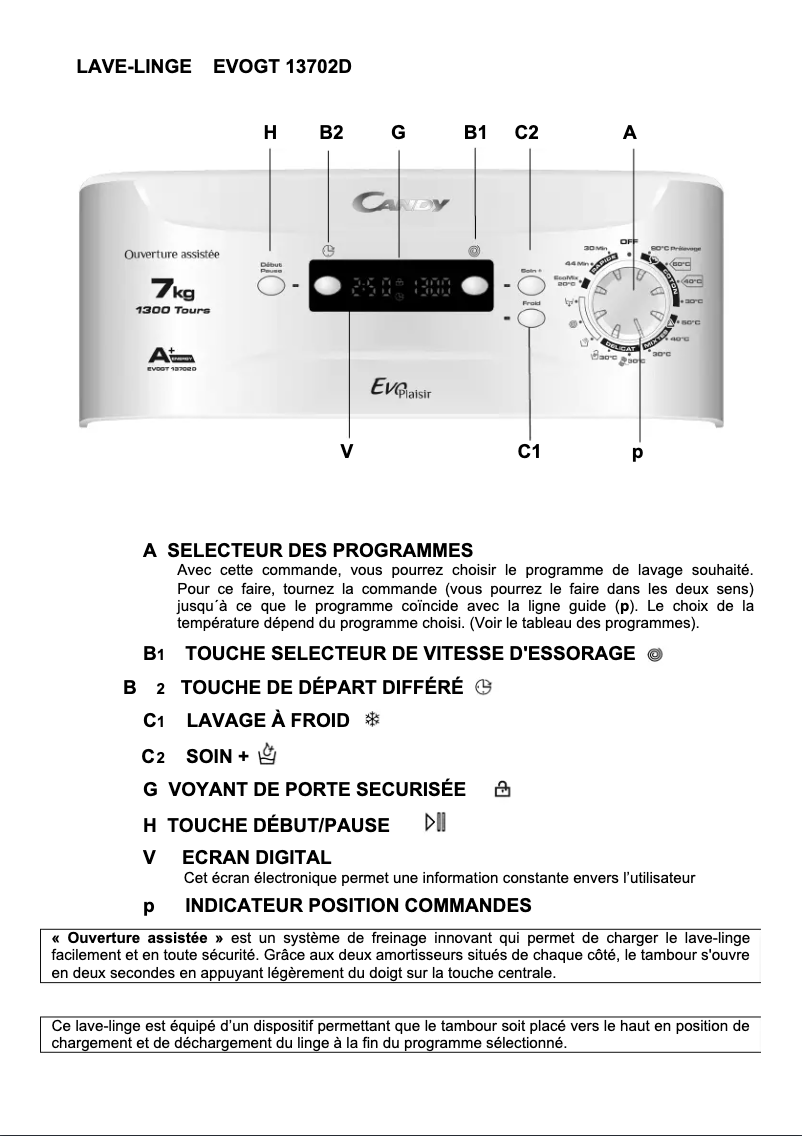 Page 1 de la notice Manuel utilisateur Candy EVOGT13702D/1-47