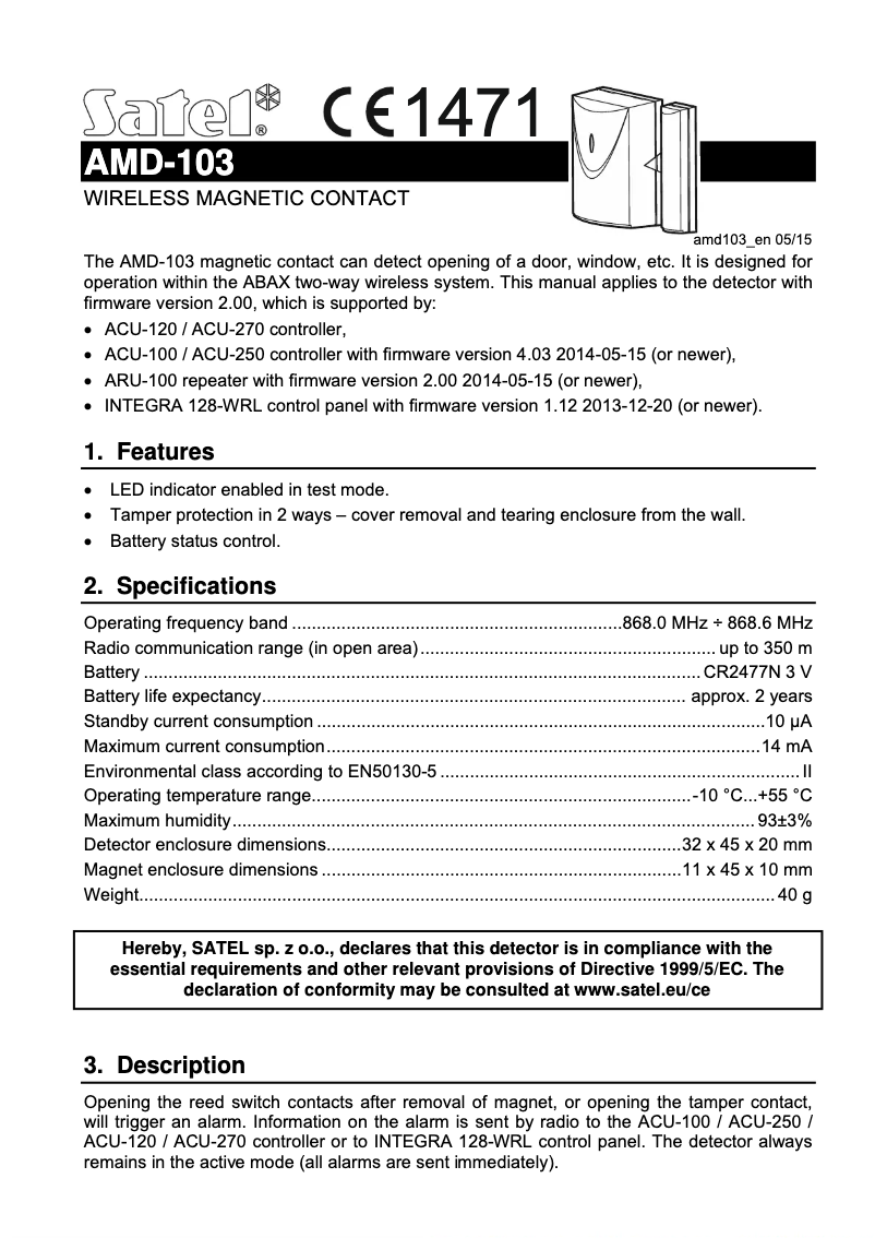 Page 1 de la notice Manuel utilisateur Satel AMD-103