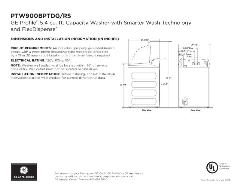 Page 1 de la notice Manuel d'utilisation et d'entretien GE PTW900BPTRS