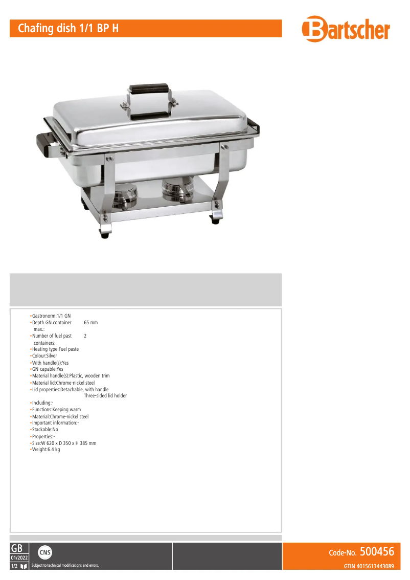 Page n°1 - Manuel utilisateur Bartscher 500456