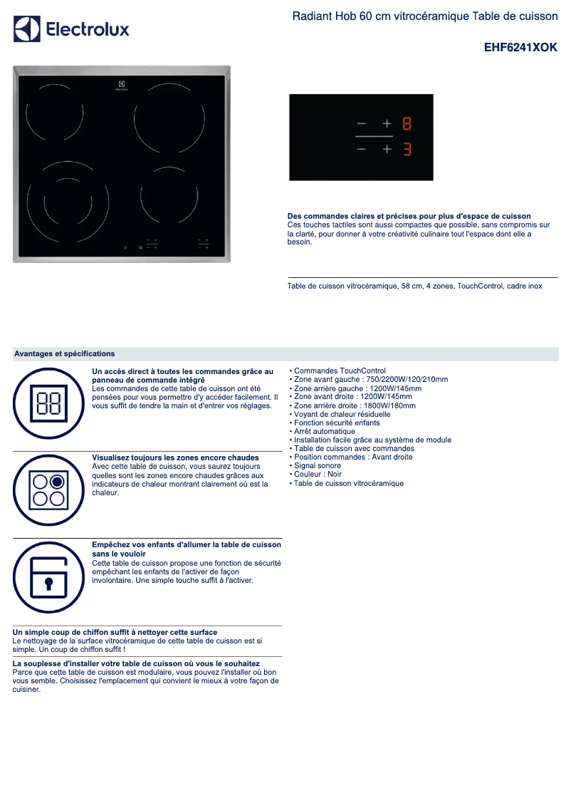 Page 1 de la notice Fiche technique Electrolux EHF6241XOK