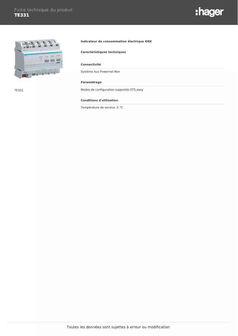 Page n°1 - Fiche technique Hager TE331
