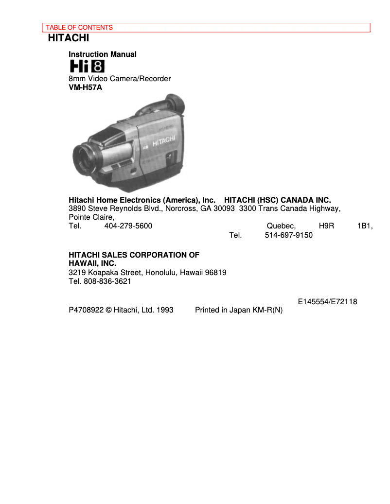 Page n°1 - Manuel utilisateur Hitachi VM-H57A