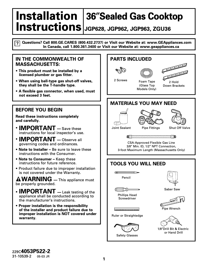 Page n°1 - Guide d'installation GE Profile JGP963SEJSS