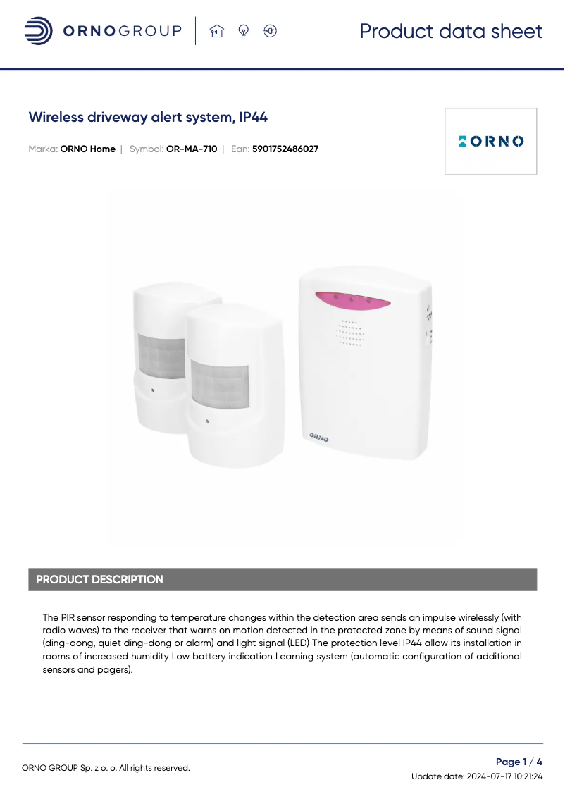 Page 1 de la notice Fiche technique ORNO OR-MA-710