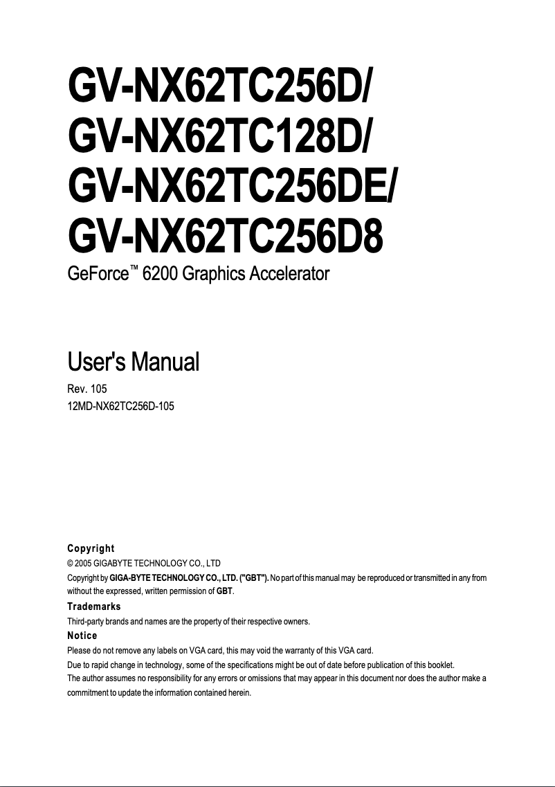Page 1 de la notice Manuel utilisateur Gigabyte GV-NX62TC256D