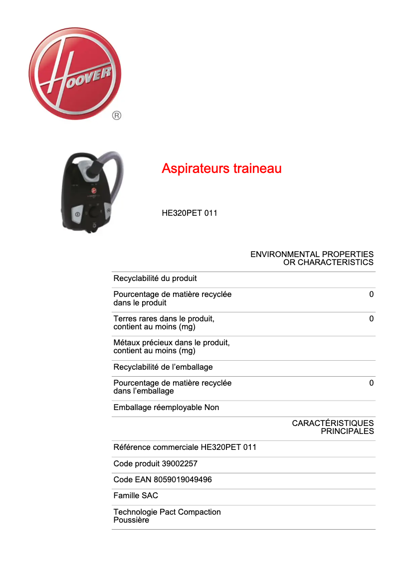 Página 1 del manual Ficha técnica Hoover HE320PET 011