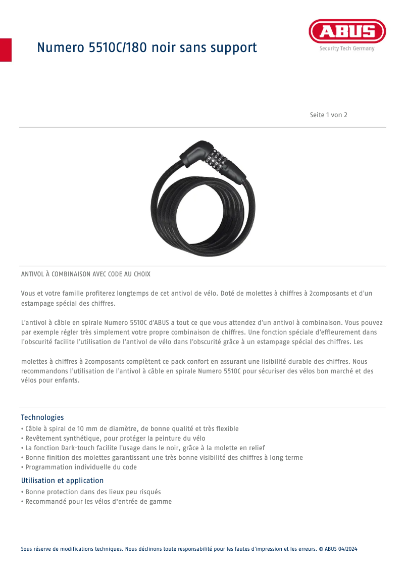 Page 1 de la notice Fiche technique Abus 5510C