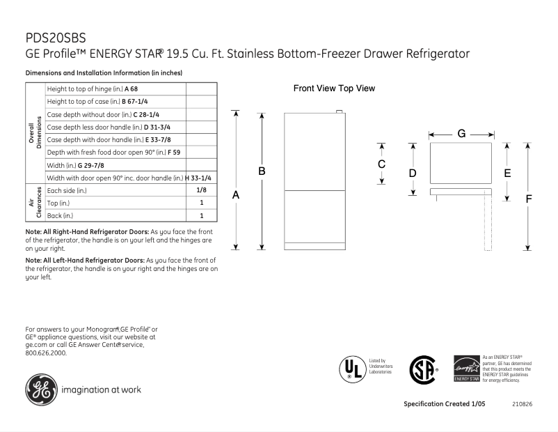 Page n°1 - Fiche technique GE Profile PDS20SBSLSS