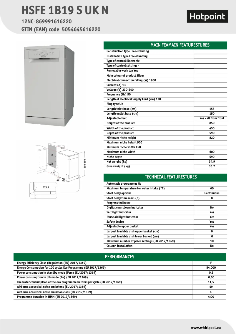 Page 1 de la notice Fiche technique Hotpoint HSFE 1B19 S UK N