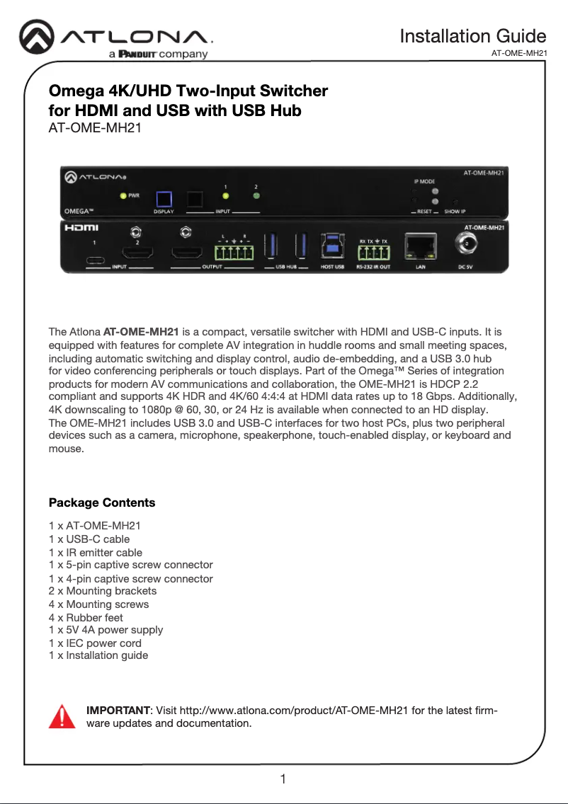 Página 1 del manual Guía de instalación Atlona AT-OME-MH21