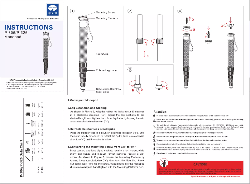 Page 1 de la notice Manuel utilisateur Sirui Monopod P-326