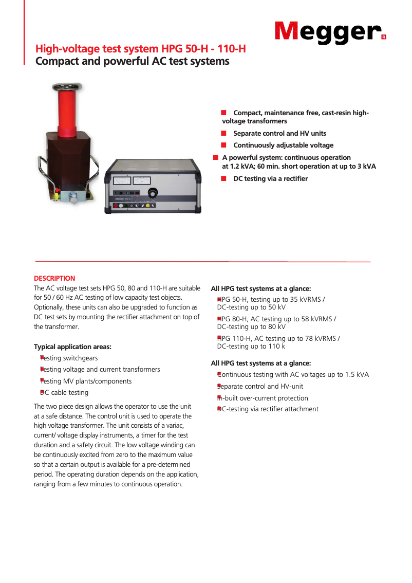 Page 1 de la notice Fiche technique Megger HPG80-H