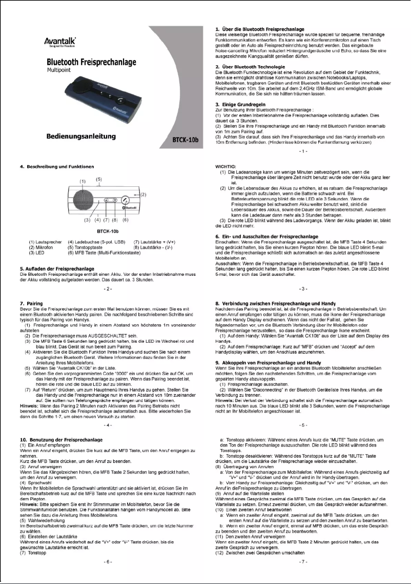 Page 1 de la notice Manuel utilisateur Avantalk BTCK-10B