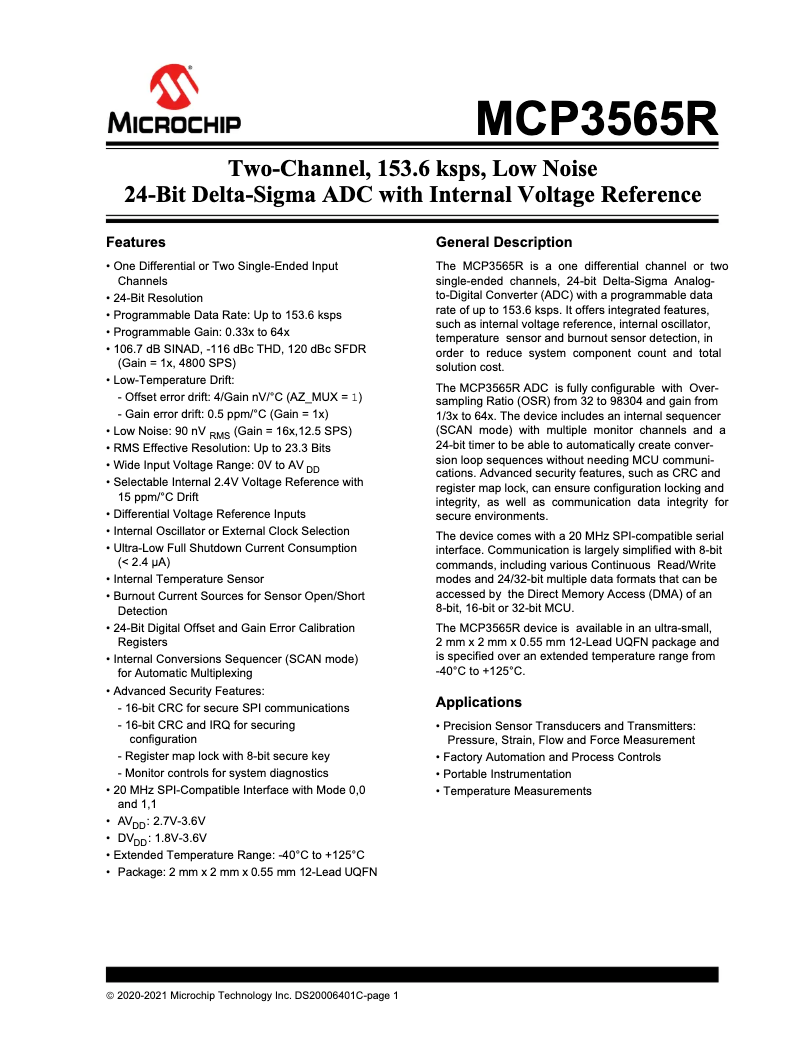 Page 1 de la notice Fiche technique Microchip MCP3565R