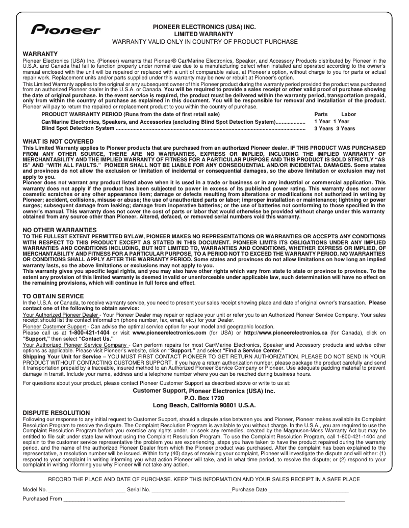 Page 1 de la notice Informations de garantie Pioneer TS-D68F