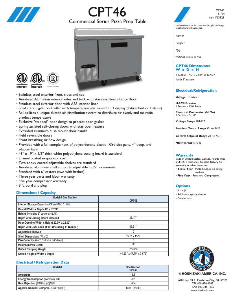 Página 1 del manual Ficha técnica Hoshizaki CPT46