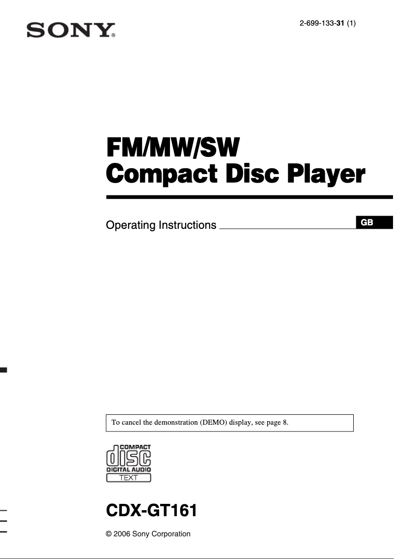 Page 1 de la notice Manuel utilisateur Sony CDX-GT161