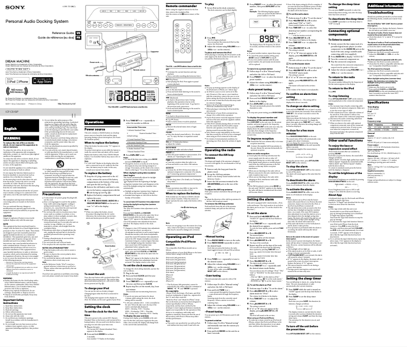 Image de la première page du manuel de l'appareil ICF-CS15iP
