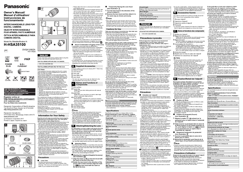 Page 1 de la notice Manuel utilisateur Panasonic Lumix H-HSA35100