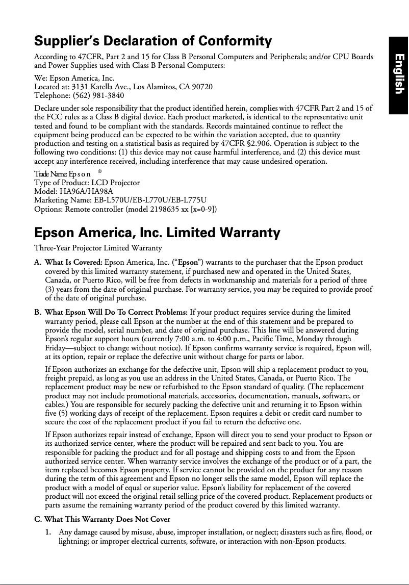 Page 1 de la notice Informations de garantie Epson PowerLite L770U