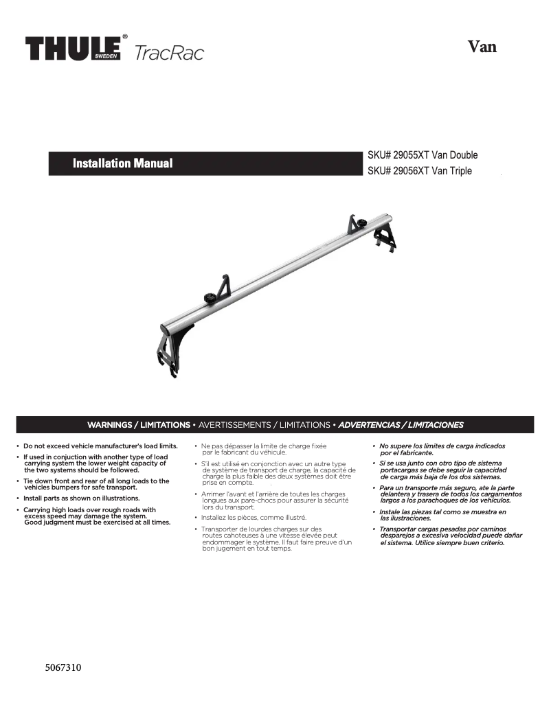 Page 1 de la notice Manuel utilisateur Thule TracRac Van 29055XT