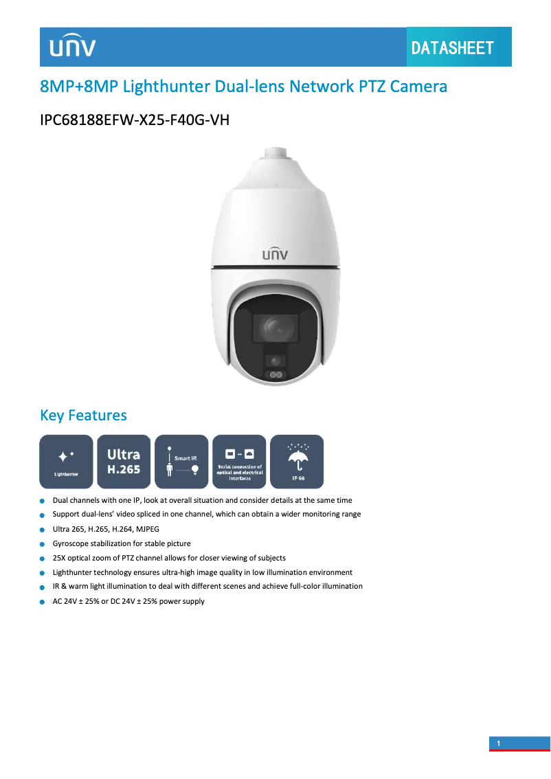 Page 1 de la notice Fiche technique UniView IPC68188EFW-X25-F40G-VH