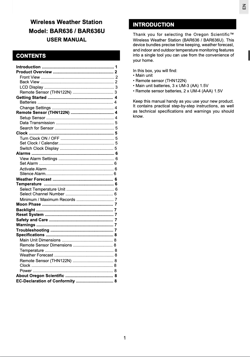 Page n°1 - Manuel utilisateur Oregon Scientific BAR 636