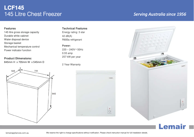 Page 1 de la notice Fiche technique Lemair LCF145