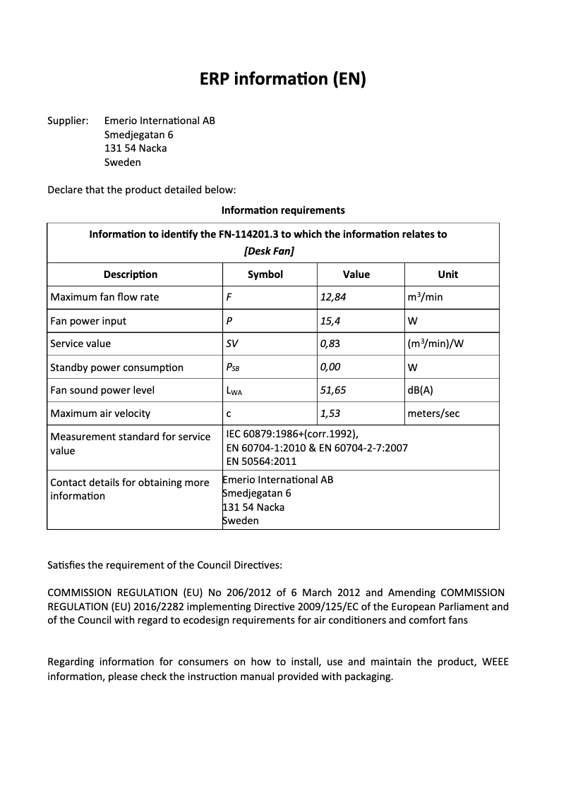 Page 1 de la notice Fiche technique Emerio FN-114201.3