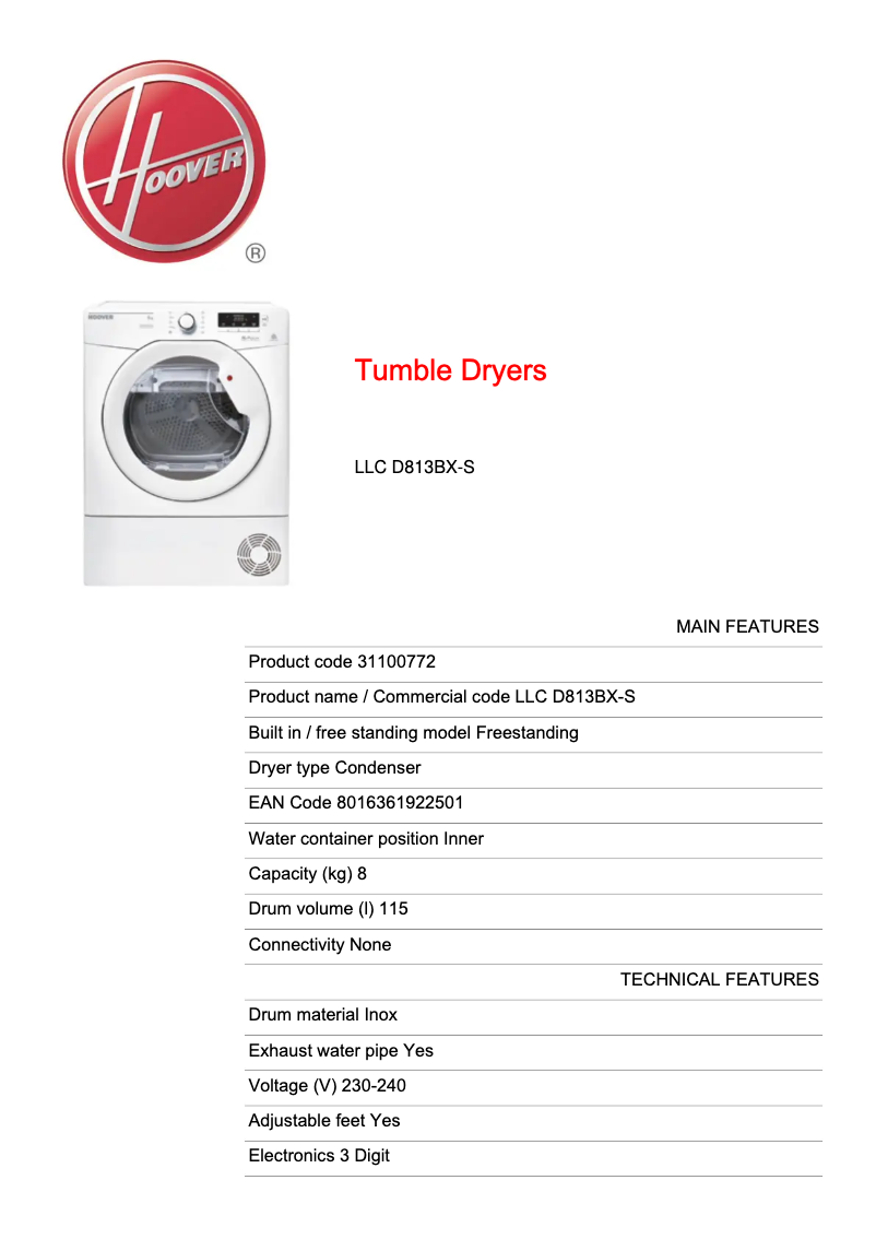 Page n°1 - Fiche technique Hoover LLC D813BX-S