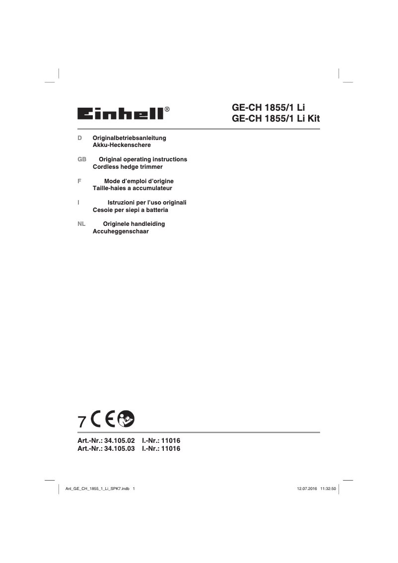 Page n°1 - Manuel utilisateur Einhell GE-CH 1855/2 Li Kit