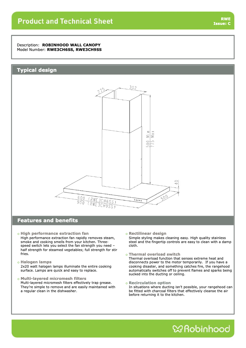 Página 1 del manual Ficha técnica Robinhood RWE3CH6SS