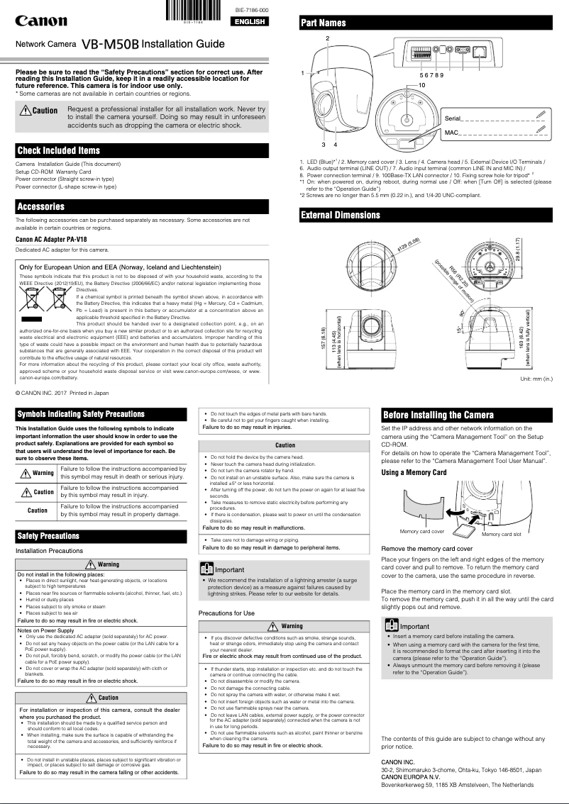 Page 1 de la notice Guide d'installation Canon VB-M50B