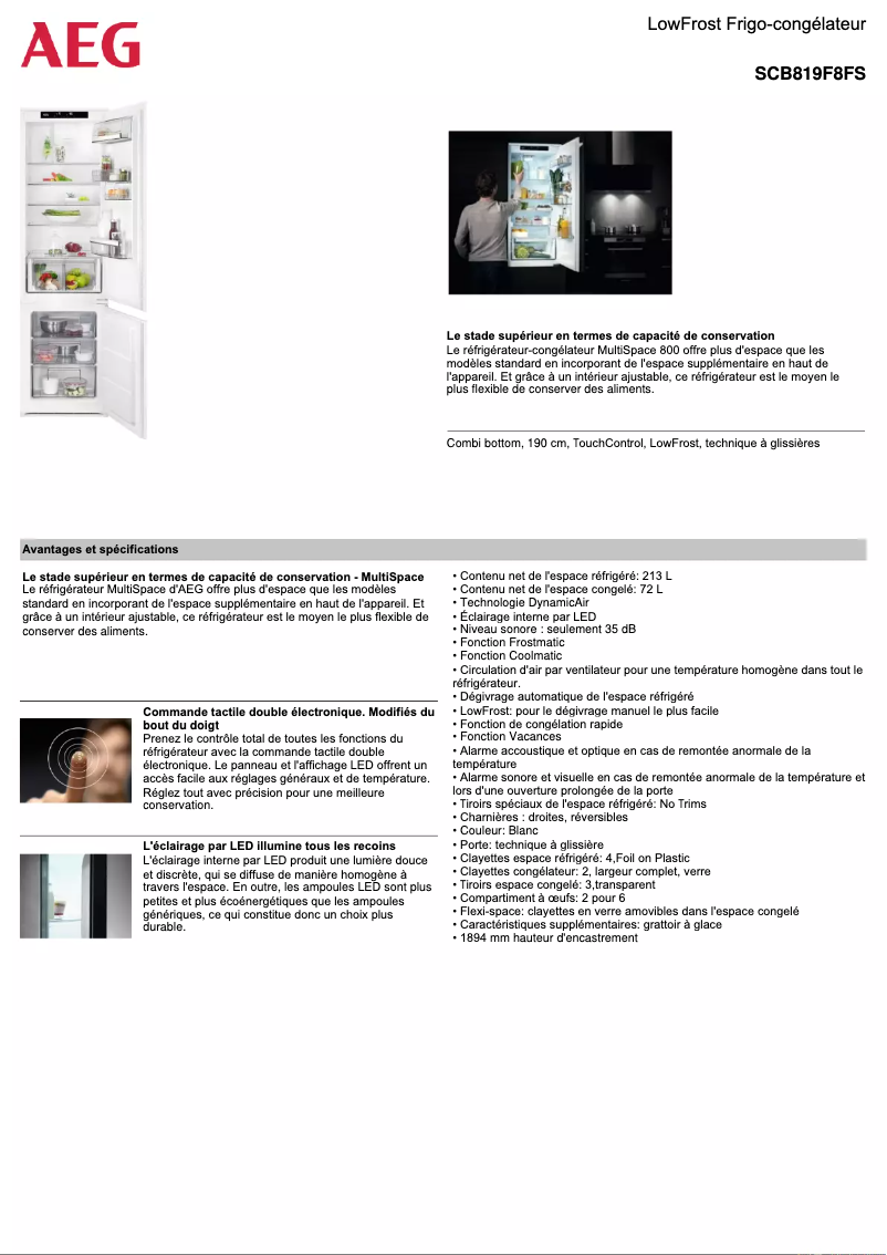 Page 1 de la notice Fiche technique AEG SCB819F8FS