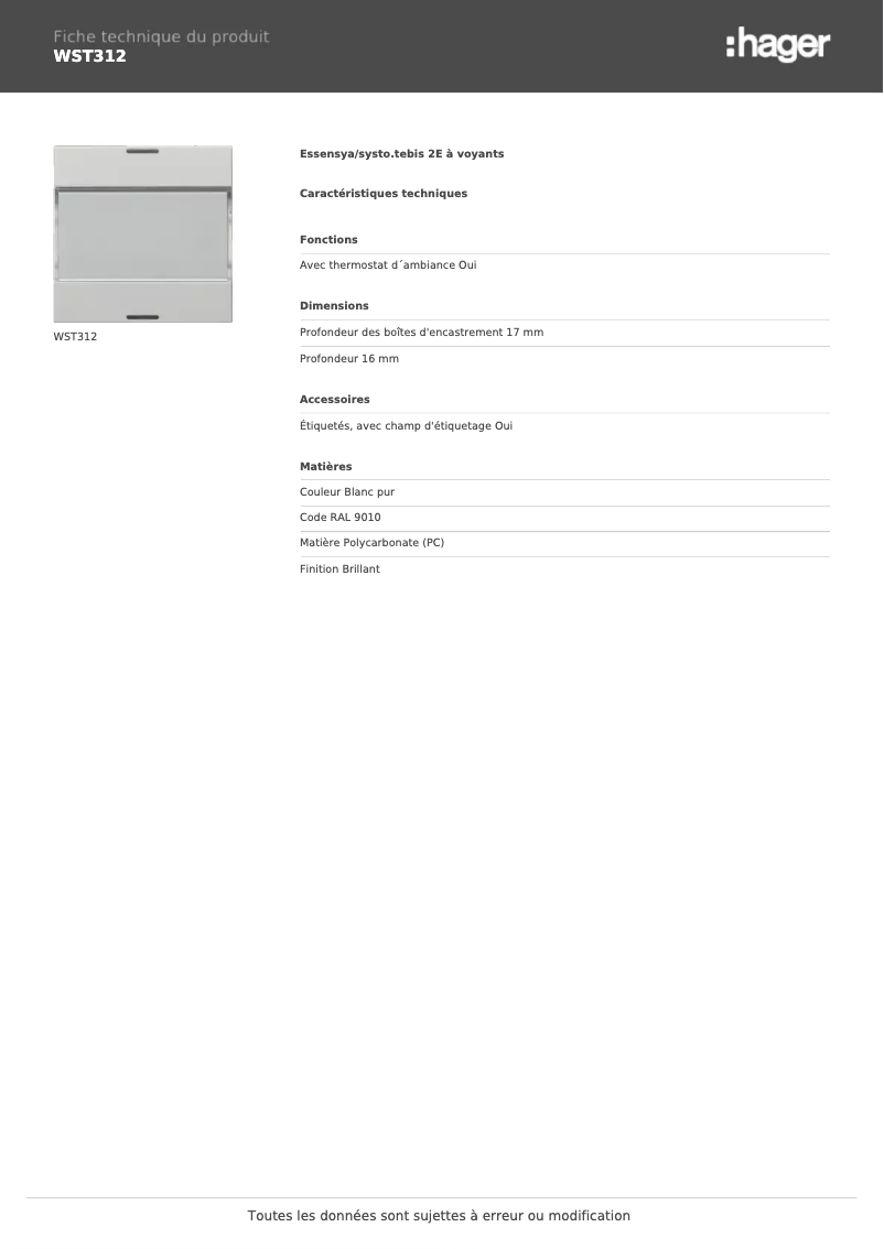 Page n°1 - Fiche technique Hager WST312