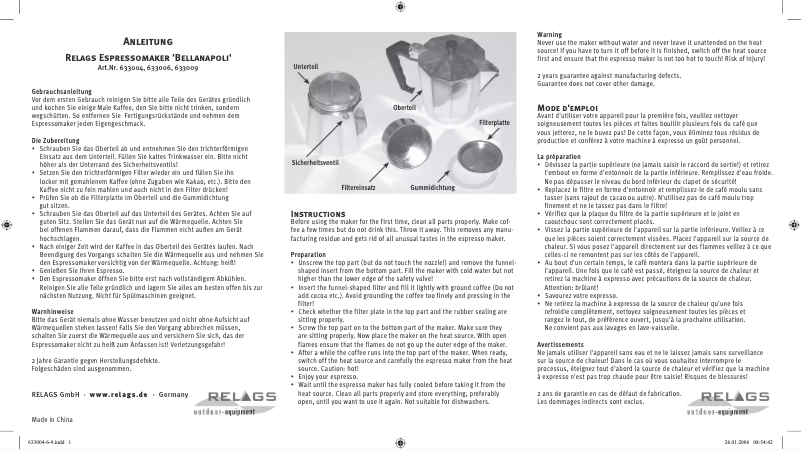 Image de la première page du manuel de l'appareil Bellanapoli 633006