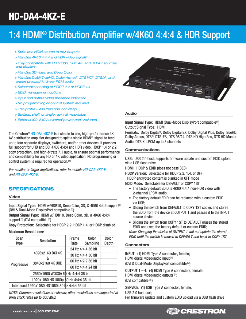 Page 1 de la notice Fiche technique Crestron HD-DA4-4KZ-E