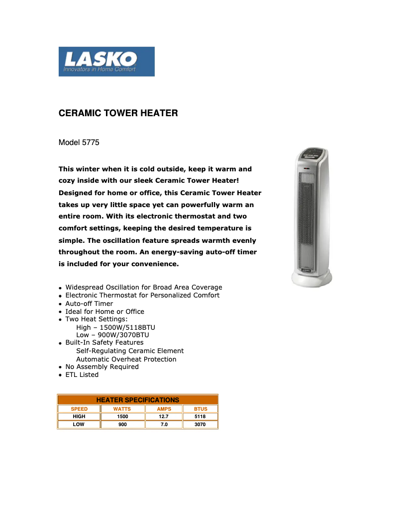 Página 1 del manual Ficha técnica Lasko 5775