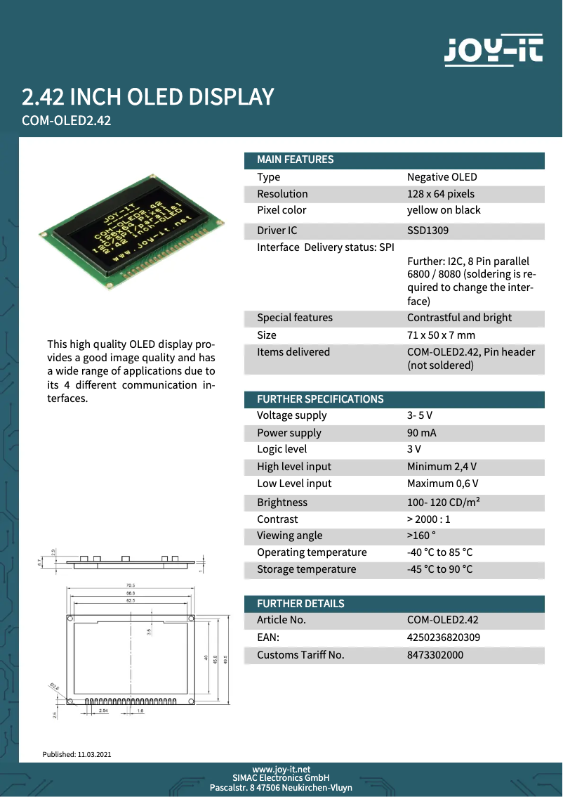 Image de la première page du manuel de l'appareil COM-OLED2.42
